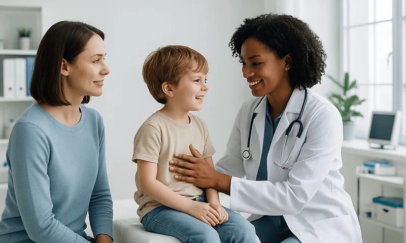 Pediatric doctor examining a young boy during a consultation at Acibadem Hospital.