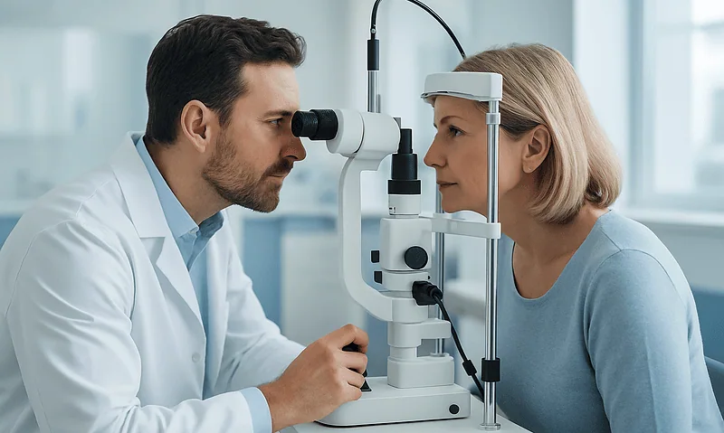 Ophthalmologist examining a patient's eye with a slit lamp microscope.