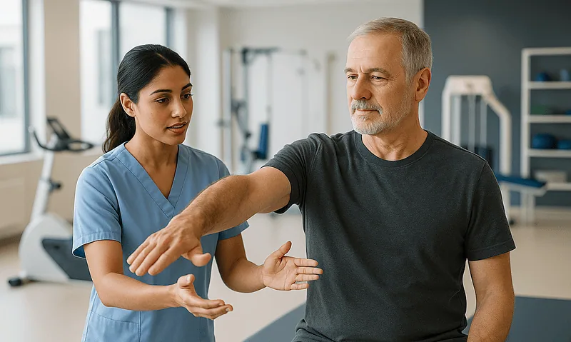 Physical therapy session with a healthcare professional assisting an elderly man.
