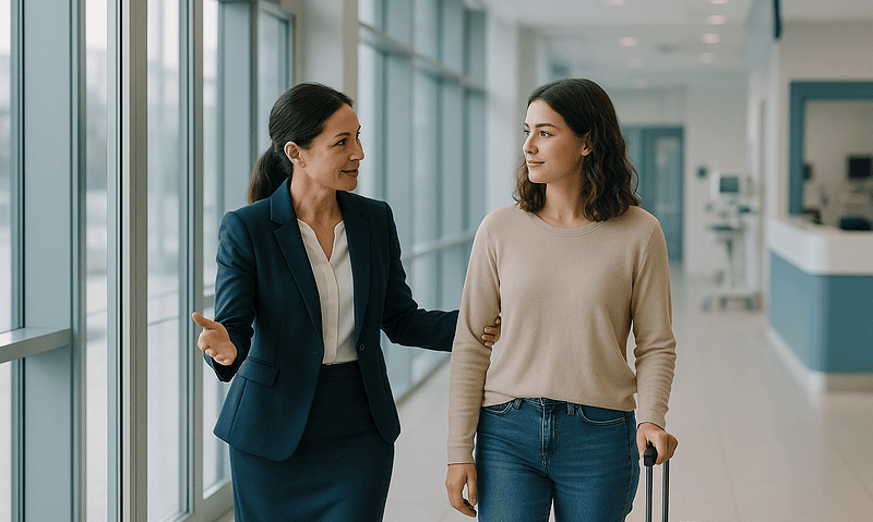 Two women having a conversation in a hospital corridor with large windows.