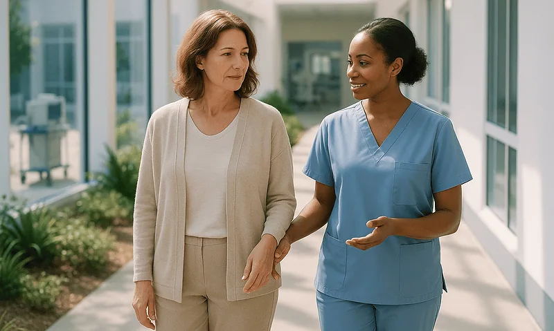 Nurse and patient walking and talking in hospital corridor.