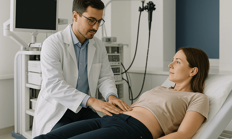 Doctor examining a patient in a hospital room for rectal health issues.