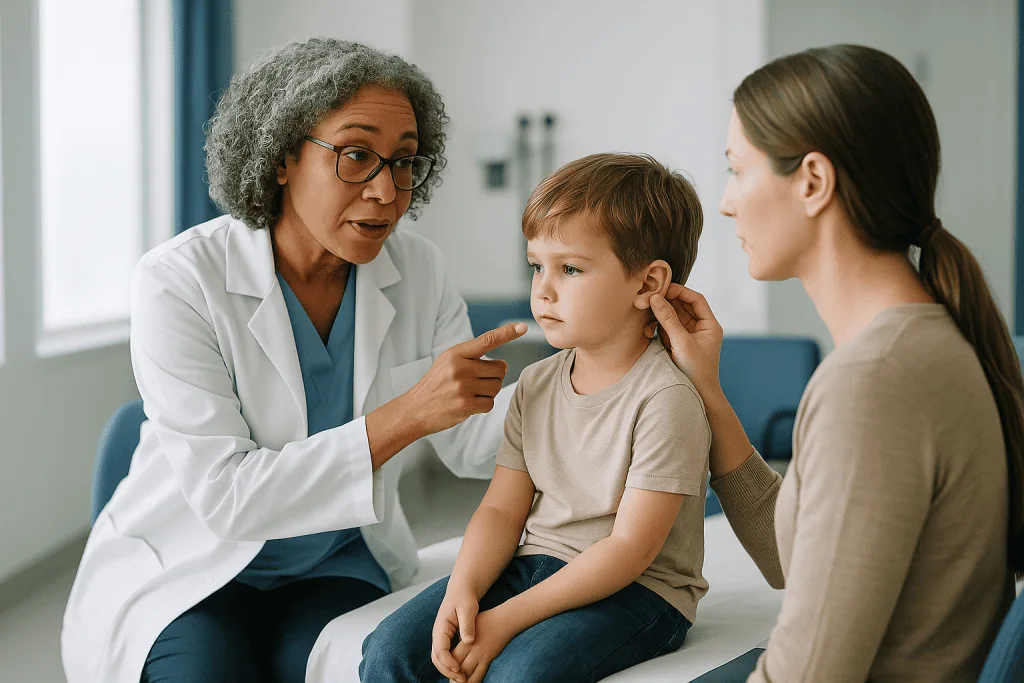 ENT specialist examining child's ear with mother present: Recurrent ear infections in children and persistent glue ear: how 