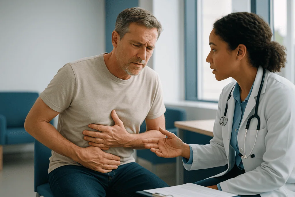 Male patient consulting with female doctor about abdominal pain: Recurrent hiatal hernia symptoms: what people actually noti