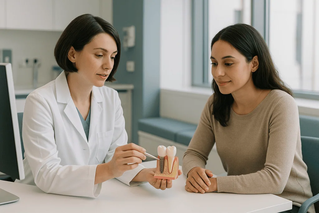 Recurrent Implantation Failure 1 Fertility specialist explaining embryo transfer to a patient in a clinic.