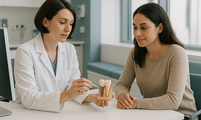 Fertility specialist explaining embryo transfer to a patient in a clinic.
