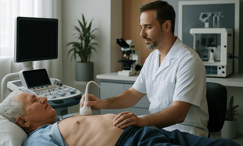 Doctor performing ultrasound on elderly patient in medical clinic.