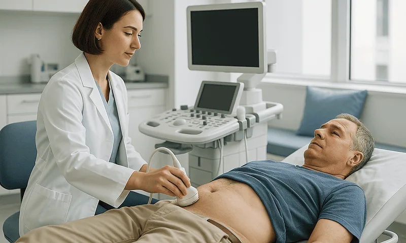 Doctor performing an ultrasound on a male patient in a hospital room.