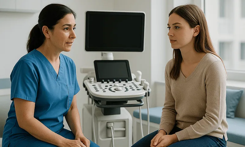 Doctor consulting with a patient in a medical office with ultrasound equipment.