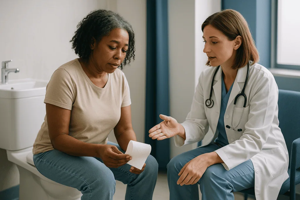Doctor consulting patient about medical condition in clinic: Recurrent UTI myths about hygiene: does wiping and washing real