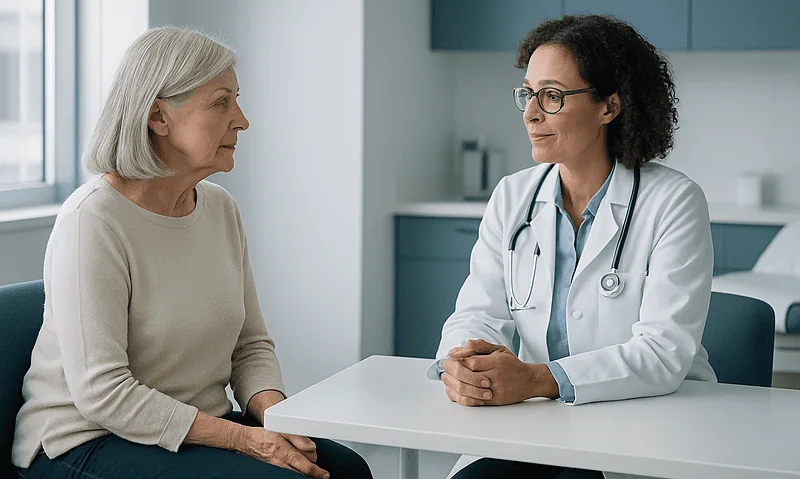 Doctor consulting with an elderly female patient in a medical office.
