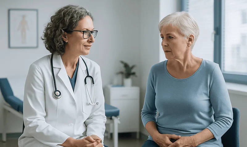 Doctor consulting with an elderly woman in a medical office.
