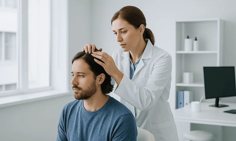 Doctor examining patient's scalp for hair loss assessment.