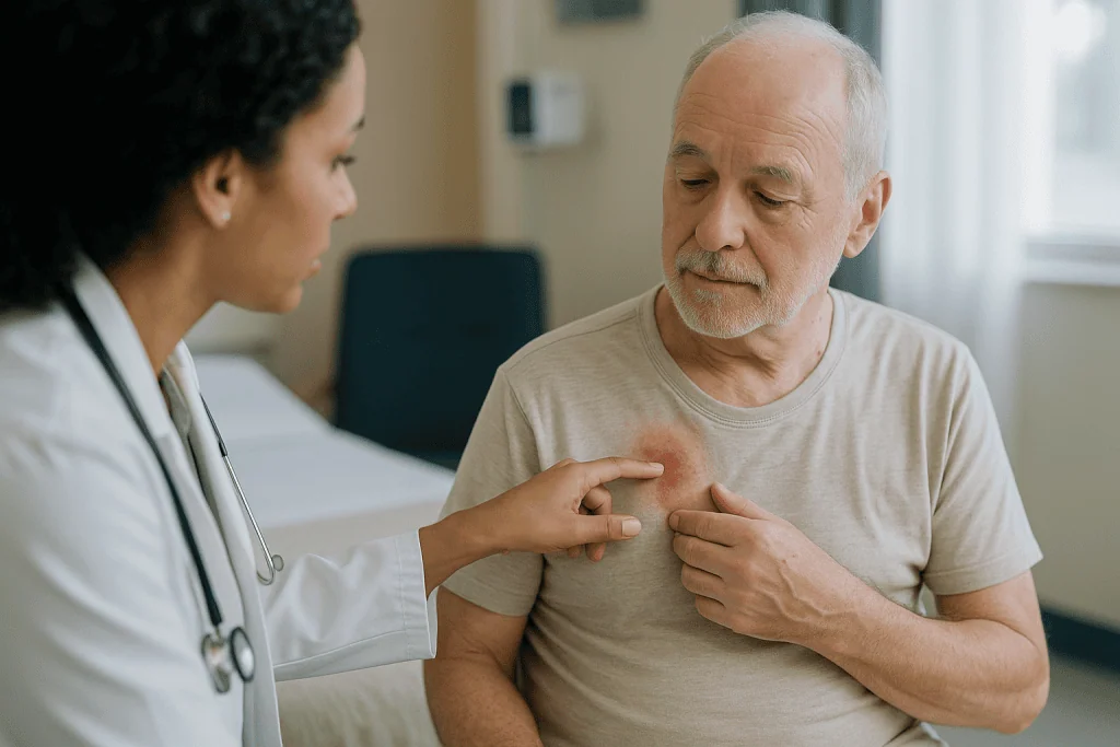 Doctor examining patient's chest for redness, swelling: Redness and swelling: normal healing versus spreading trouble
