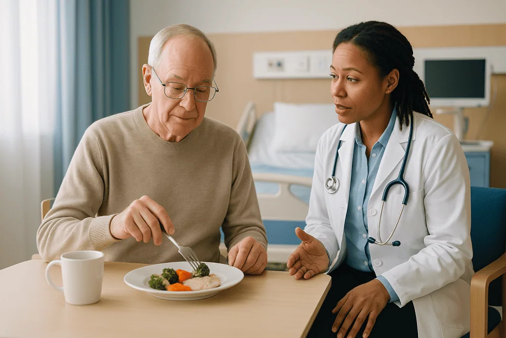Doctor consulting elderly patient about healthy diet nutrition: Reduced intensity conditioning transplant vs full-intensity: