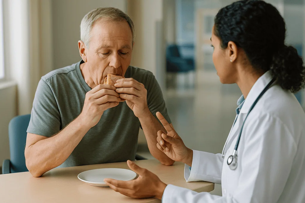 Older man eating bread while doctor observes consultation: Reflux control: what acid suppression does and doesn't do
