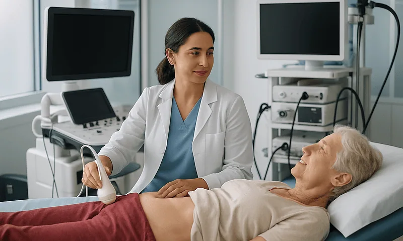 Doctor performing an ultrasound examination on a senior patient in a hospital room.