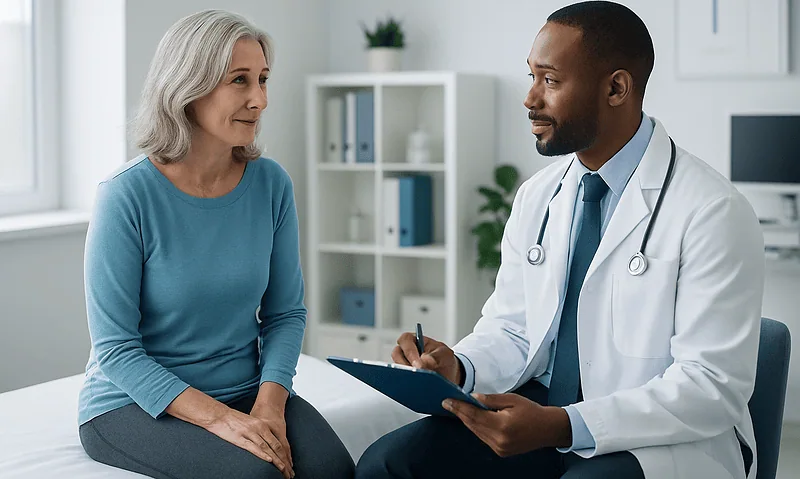 Doctor consulting with an older female patient in a modern clinic.