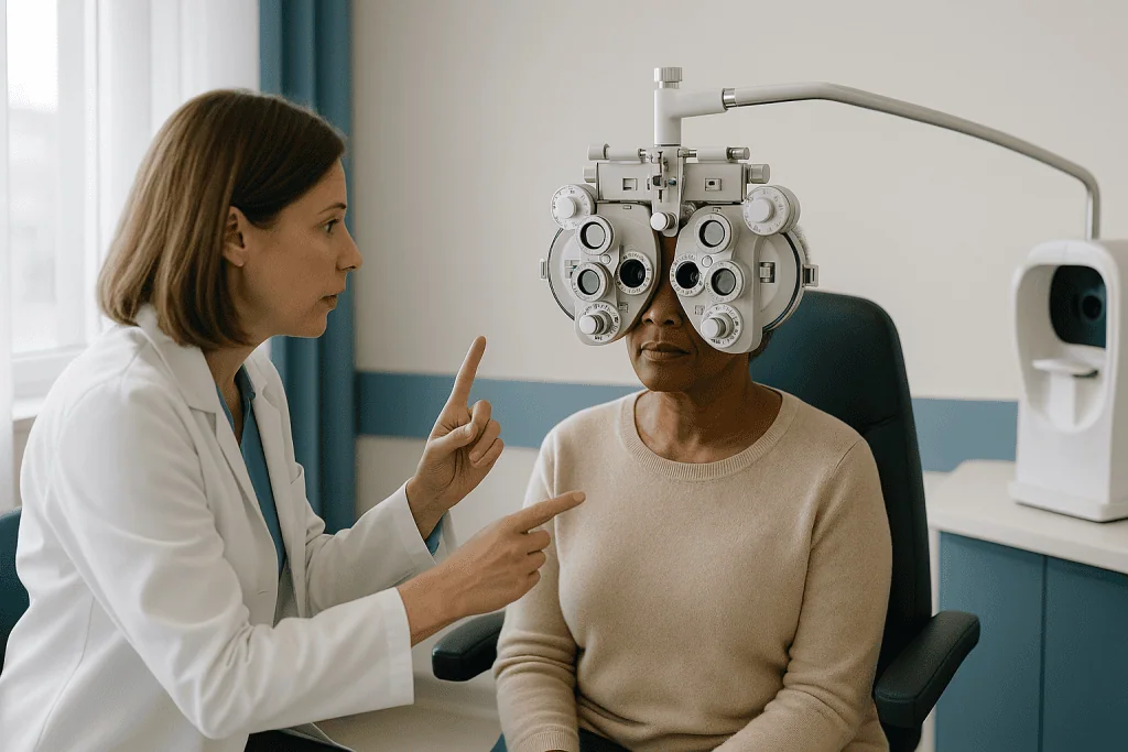 Optometrist conducting eye examination with phoropter: Refraction: why you are asked "one or two?" over and over