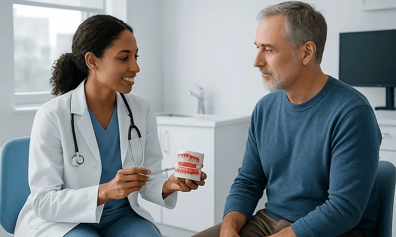 Dentist explaining gum health to a patient with dental model in clinic.