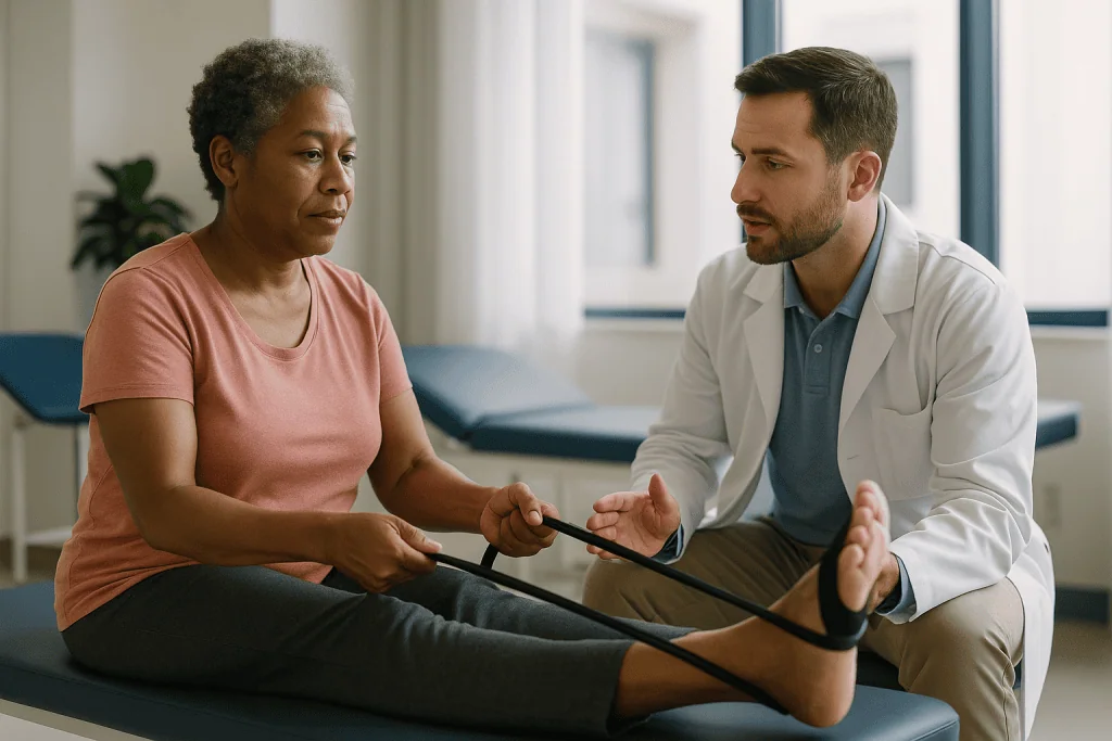 Physical therapist assessing patient flexibility during rehabilitation: Rehabilitation first: what physical therapy and grad