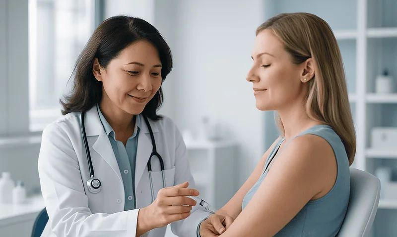 Doctor administering injection to patient in a medical clinic setting.