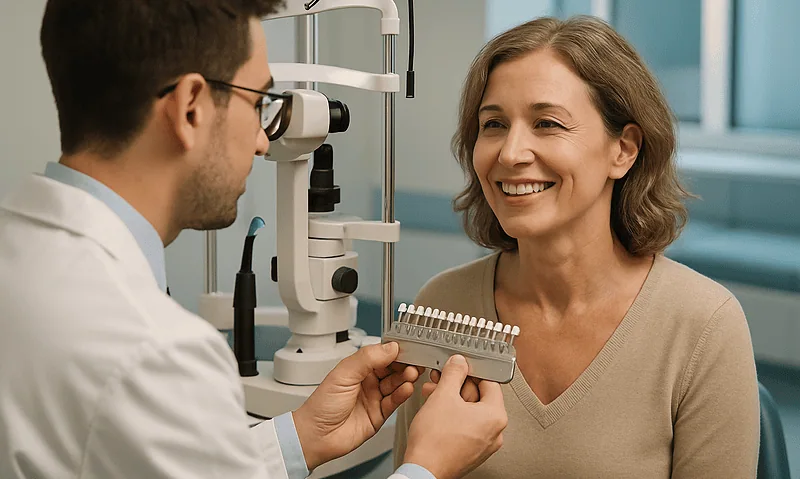 Ophthalmologist consulting a patient about ReLEx SMILE eye surgery options.