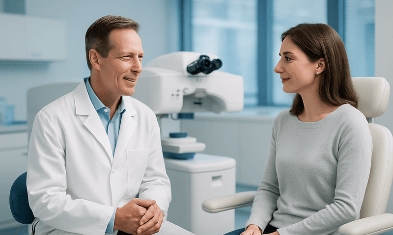 Ophthalmologist consulting with a patient in a modern clinic.