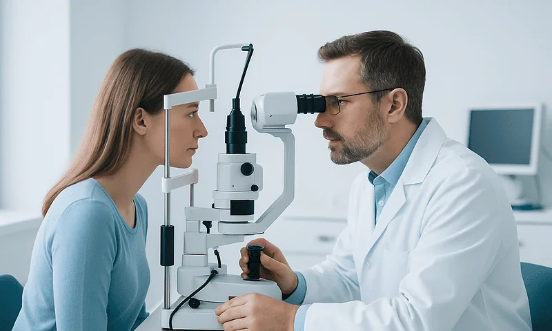 Optometrist examines patient's eyes with slit lamp at Acibadem Hospital.