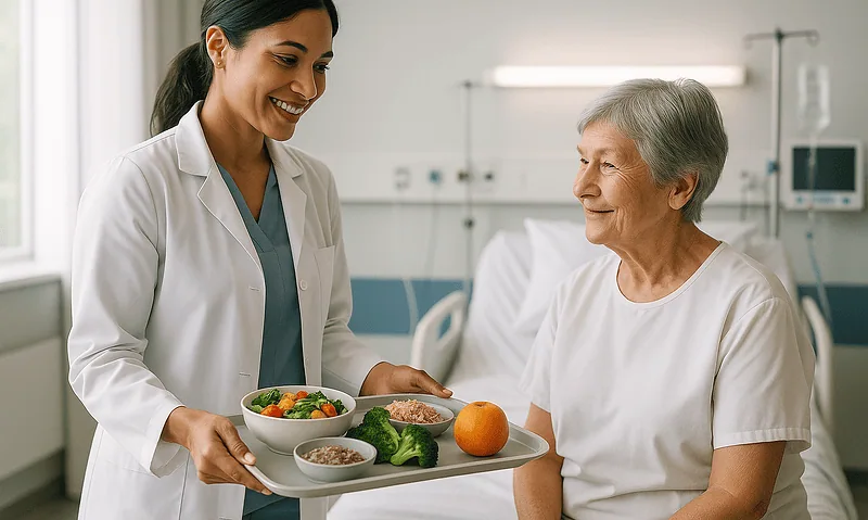 Nurse serving healthy food to an elderly patient in hospital.