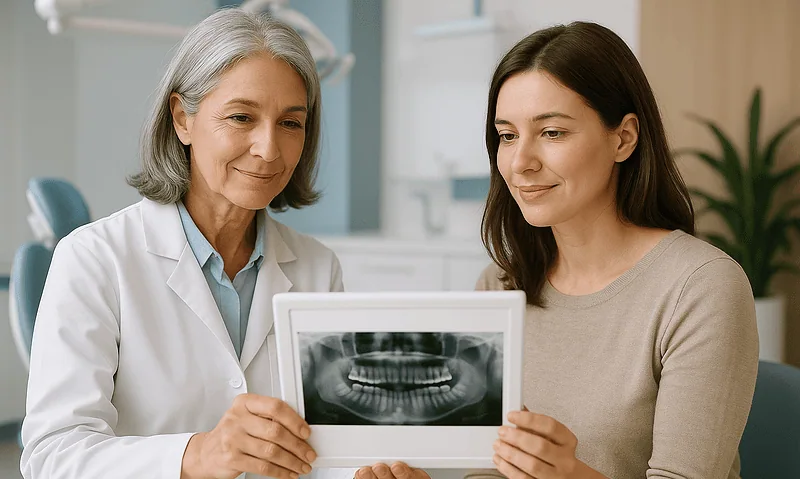 Dentist showing dental X-ray to a patient in a clinic setting.