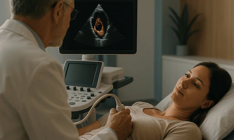 Doctor performing an ultrasound scan on a female patient in a hospital room.