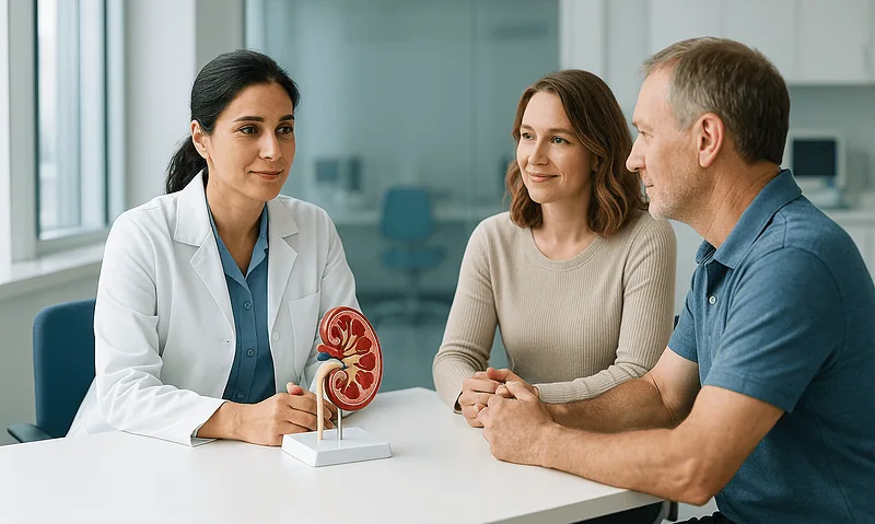 Doctor explaining kidney health to a patient in a medical consultation.