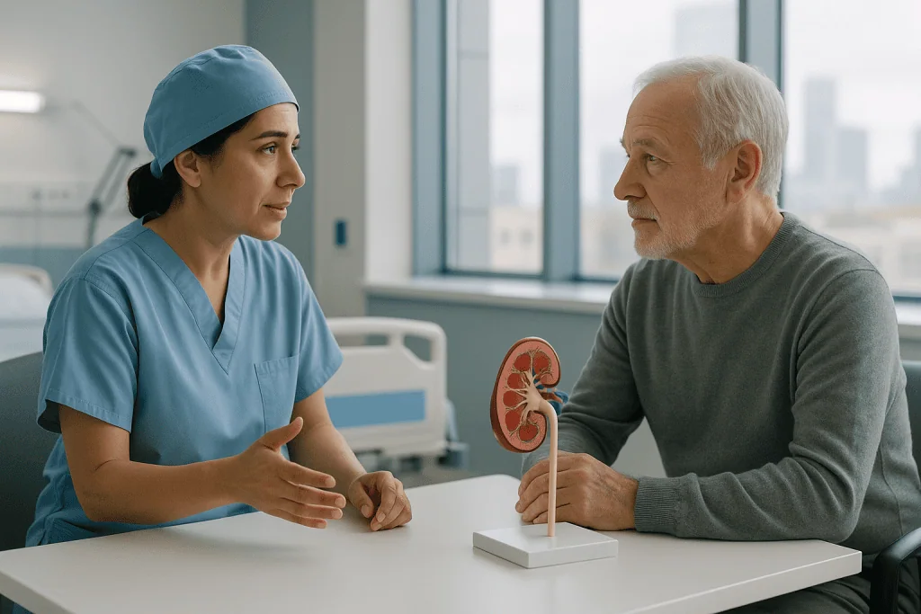 Renal Cell Carcinoma 1 Doctor explaining kidney health to senior patient in hospital setting.