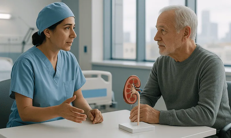 Doctor explaining kidney health to senior patient in hospital setting.