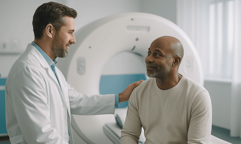 Doctor consulting with patient before a renal CT scan at Acibadem Hospital.
