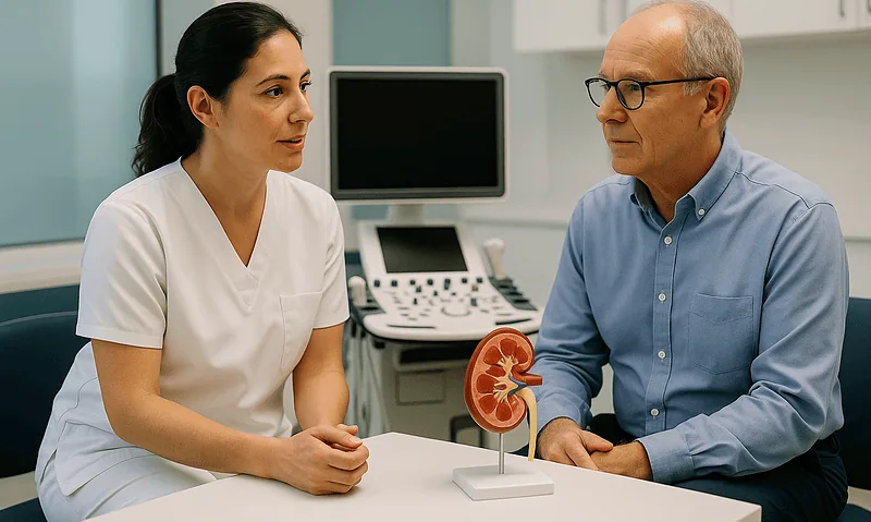 Doctor explaining kidney health to patient with kidney model in clinic.
