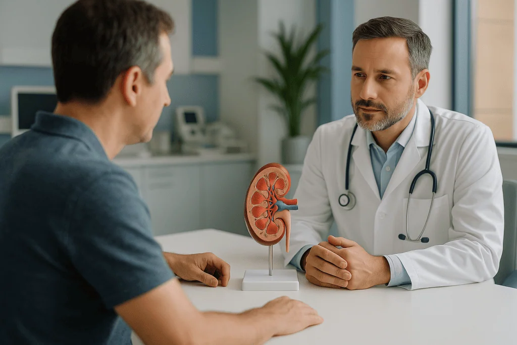 Renal Osteodystrophy 1 Doctor explaining kidney model to patient in a medical consultation.