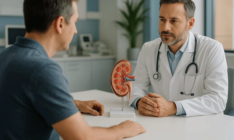 Doctor explaining kidney model to patient in a medical consultation.