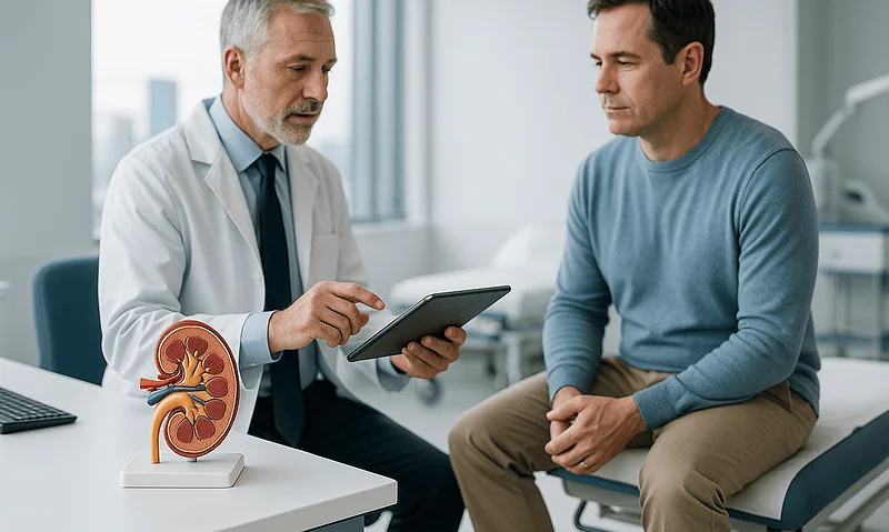 Urologist explaining kidney health to patient in clinic setting.