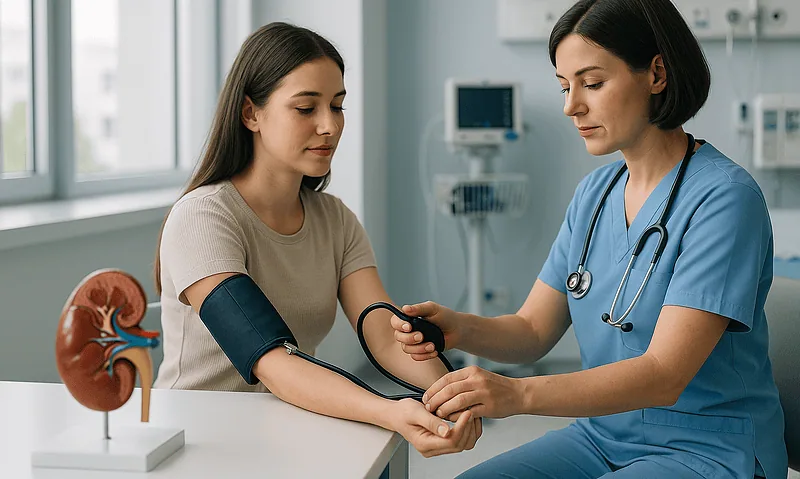 Doctor measuring patient's blood pressure in a hospital setting.
