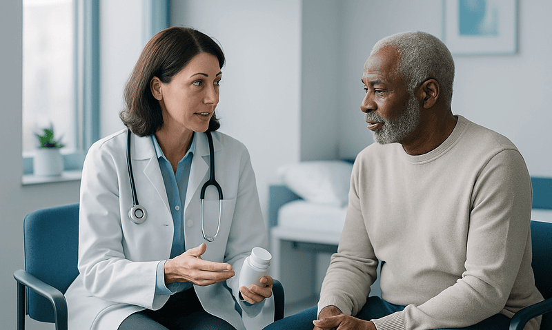 Doctor discussing medication with elderly patient in clinic setting.