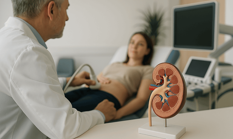 Doctor examining patient with kidney model in a hospital setting.