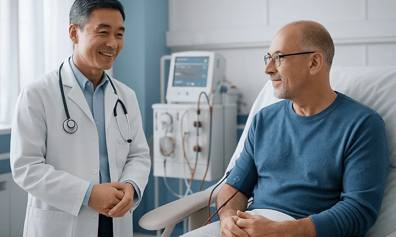 Doctor consulting with patient in hospital room for renal therapy options.