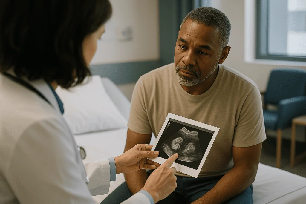 Doctor discussing ultrasound image with male patient: Renal response criteria in amyloidosis: what the trial definitions act