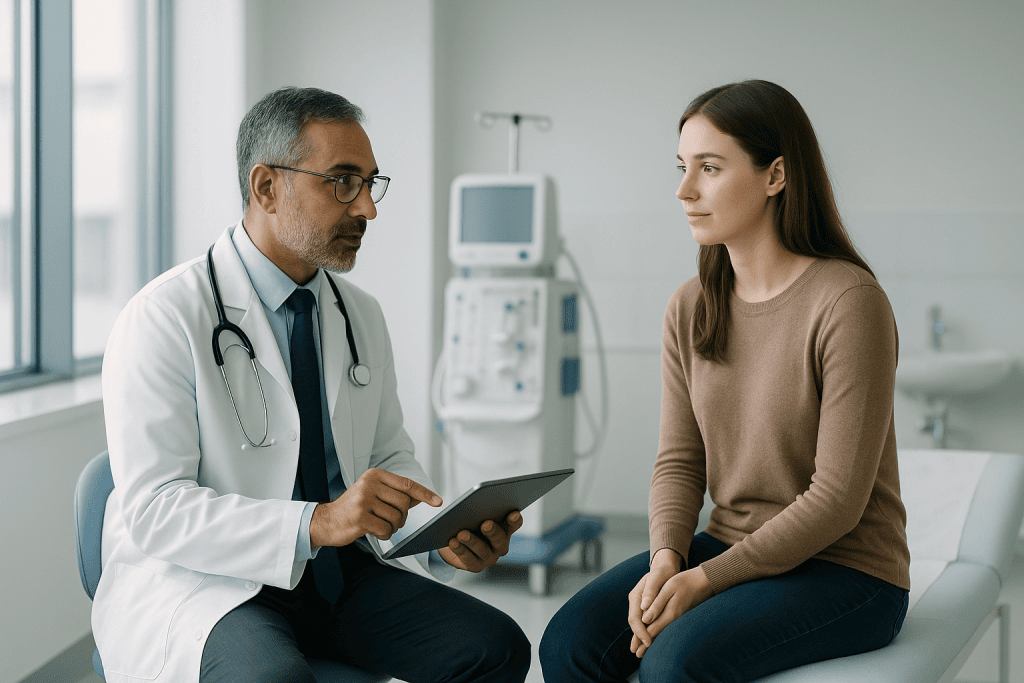Renal Scarring 1 Doctor consulting with a female patient in a hospital setting.