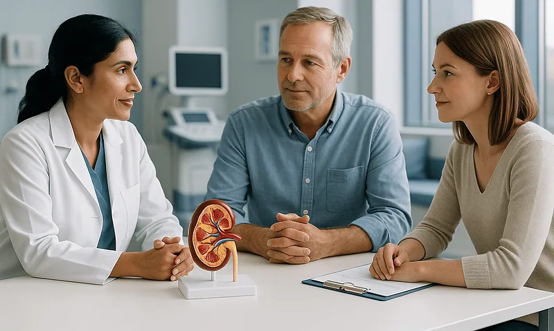Doctor explaining kidney health to patients in a medical consultation.