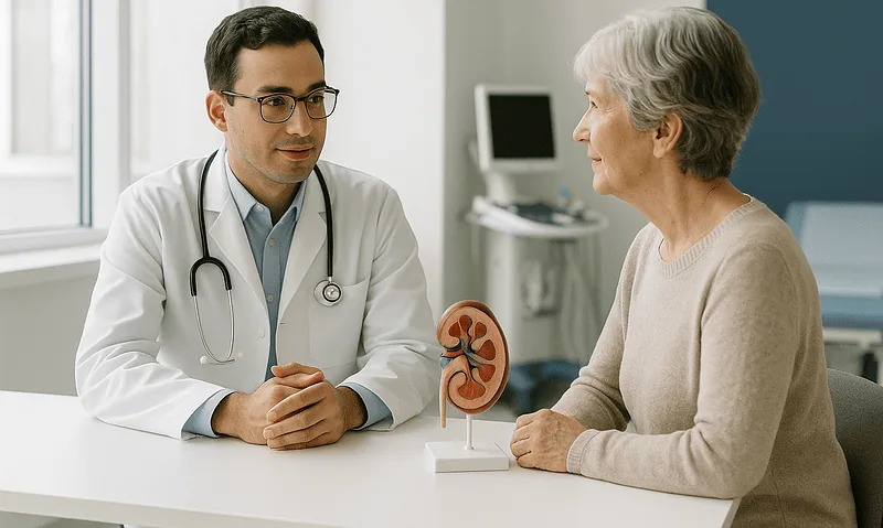Urologist consulting with elderly patient about kidney health at Acibadem Hospital.
