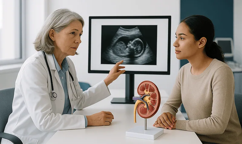 Doctor explaining ultrasound and kidney model to patient in a medical consultation.