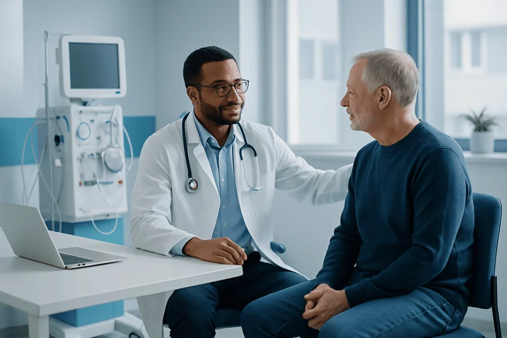 Renal Toxicology 1 Doctor consulting with an elderly male patient in a hospital room.
